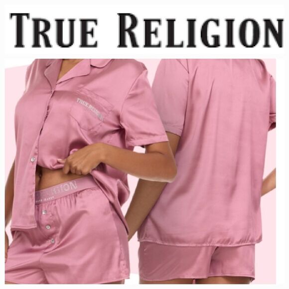 True Religion Rhinestone Logo Stretch Satin Pajama Set - Picture 1 of 10
